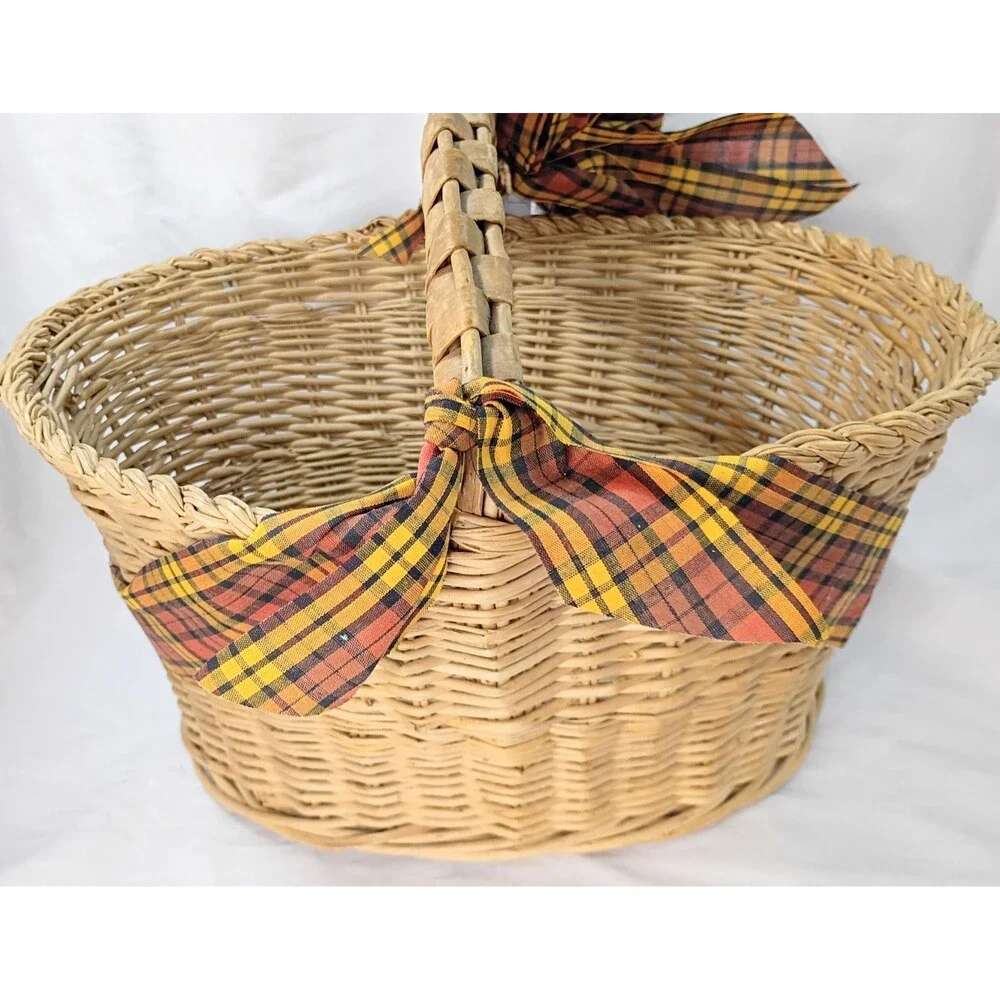 Vintage Oval Wicker Basket with Rustic Handle and Yellow/Orange Plaid Ribbon